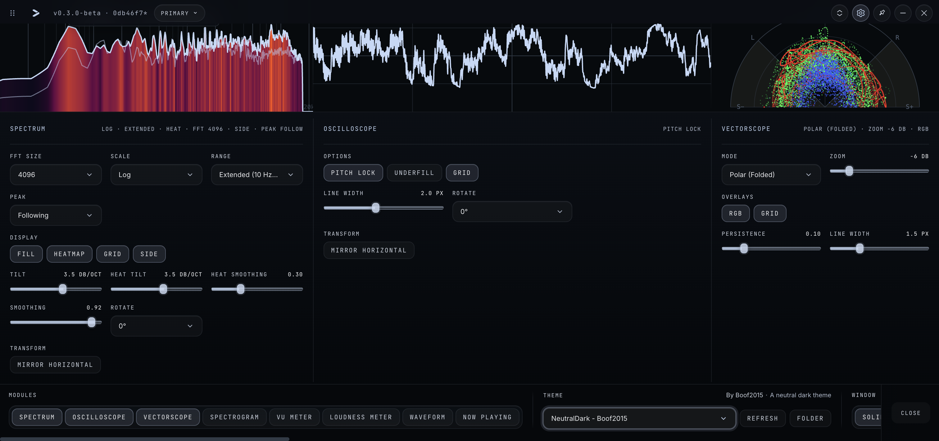 Prism v0.3 neutral dark interface with Spectrum, Oscilloscope, and Vectorscope settings open